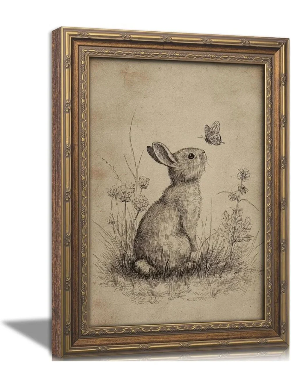 Vintage Gold Framed Bunny Wall Art | Easter Rabbit & Butterfly Canvas Print for